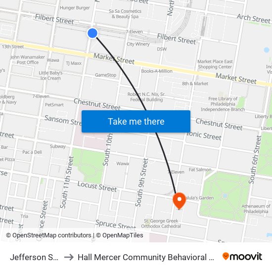 Jefferson Station to Hall Mercer Community Behavioral Health Center map