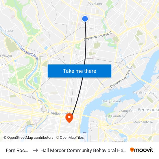 Fern Rock T C to Hall Mercer Community Behavioral Health Center map