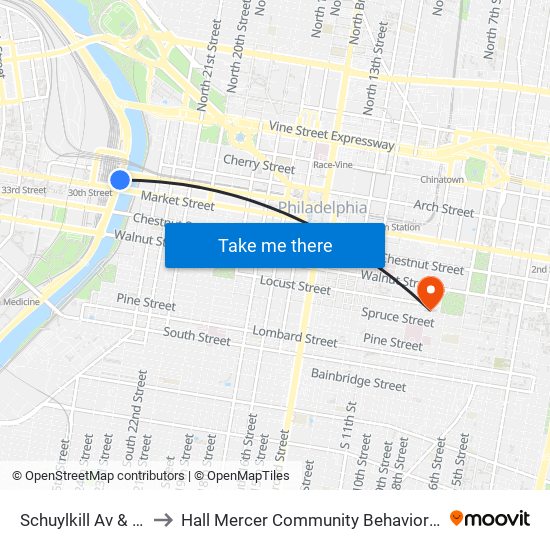 Schuylkill Av & JFK Blvd to Hall Mercer Community Behavioral Health Center map