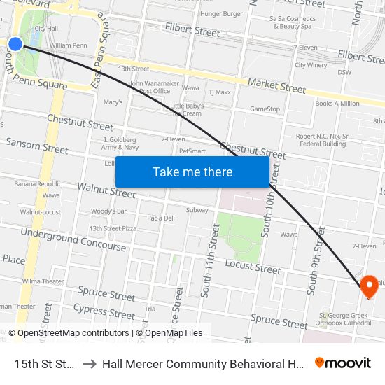 15th St Station to Hall Mercer Community Behavioral Health Center map