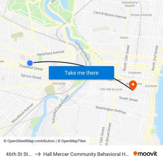 46th St Station to Hall Mercer Community Behavioral Health Center map