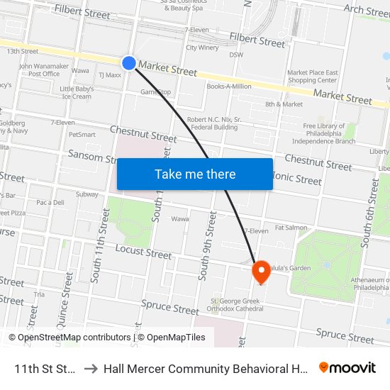 11th St Station to Hall Mercer Community Behavioral Health Center map