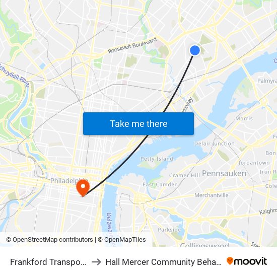 Frankford Transportation Center to Hall Mercer Community Behavioral Health Center map