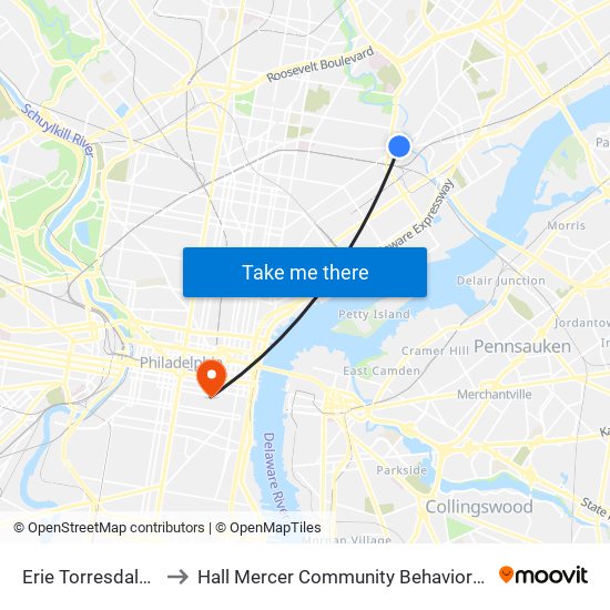 Erie Torresdale Station to Hall Mercer Community Behavioral Health Center map