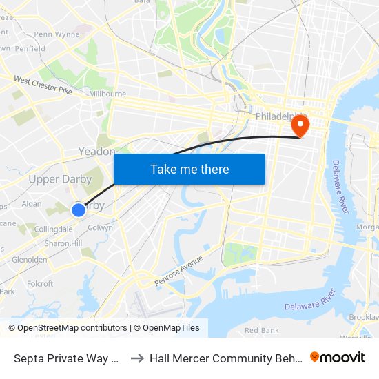 Septa Private Way & Macdade Blvd to Hall Mercer Community Behavioral Health Center map