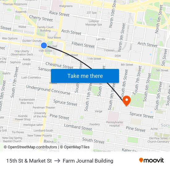 15th St & Market St to Farm Journal Building map