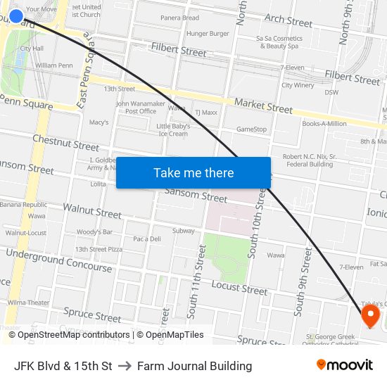 JFK Blvd & 15th St to Farm Journal Building map