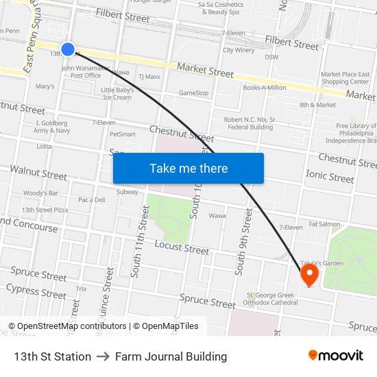 13th St Station to Farm Journal Building map