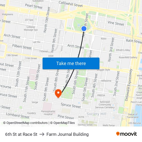 6th St at Race St to Farm Journal Building map