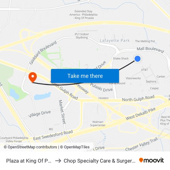 Plaza at King Of Prussia to Chop Specialty Care & Surgery Center map