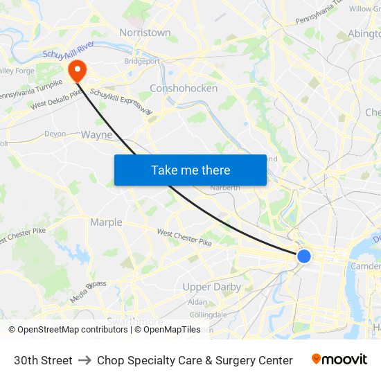 30th Street to Chop Specialty Care & Surgery Center map