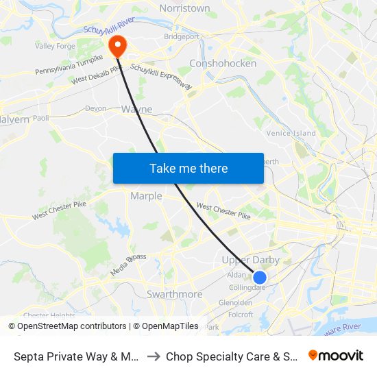 Septa Private Way & Macdade Blvd to Chop Specialty Care & Surgery Center map