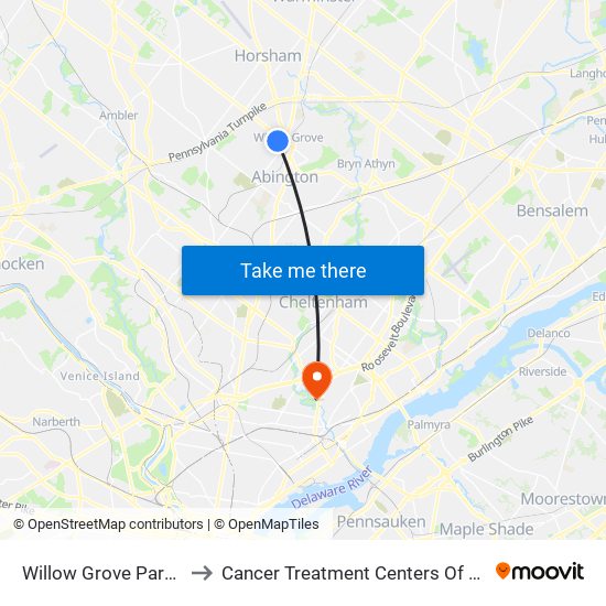 Willow Grove Park Mall to Cancer Treatment Centers Of America map