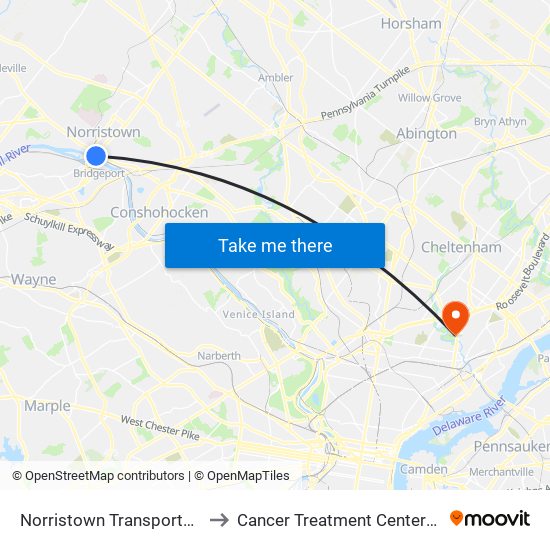 Norristown Transportation Center to Cancer Treatment Centers Of America map