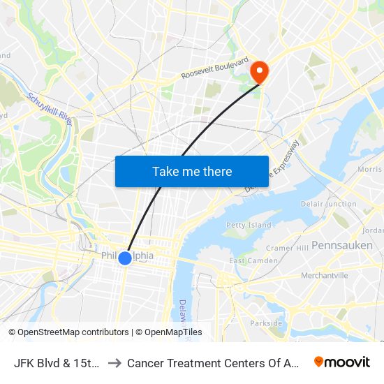 JFK Blvd & 15th St to Cancer Treatment Centers Of America map