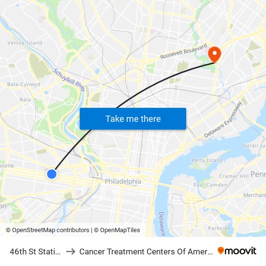 46th St Station to Cancer Treatment Centers Of America map