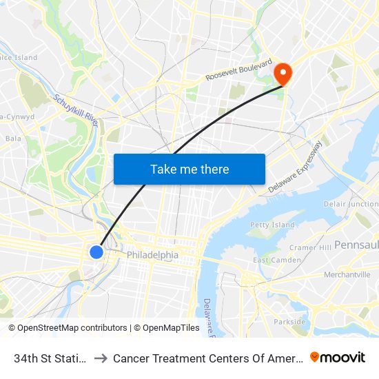 34th St Station to Cancer Treatment Centers Of America map