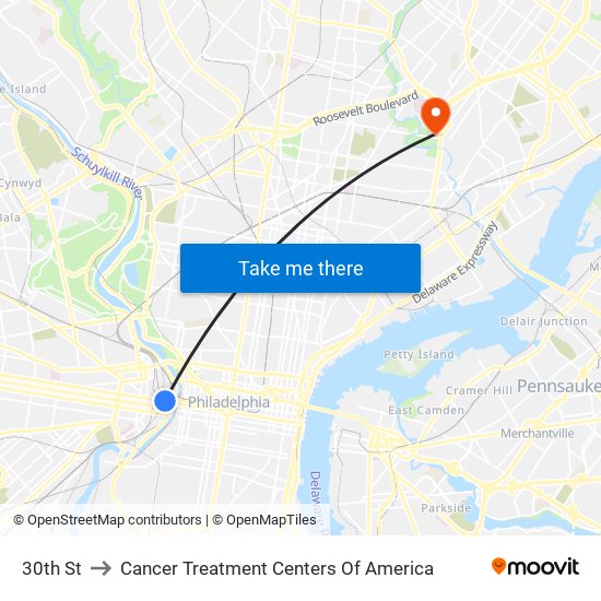 30th St to Cancer Treatment Centers Of America map