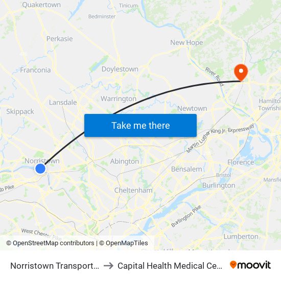 Norristown Transit Center to Capital Health Medical Center - Hopewell map