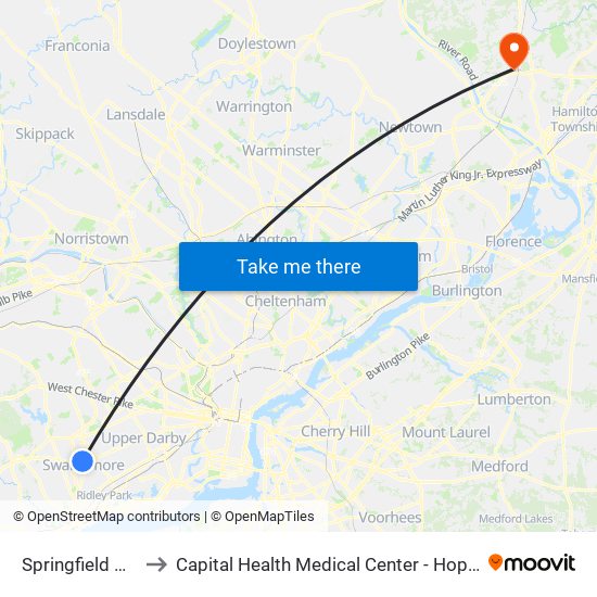 Springfield Mall to Capital Health Medical Center - Hopewell map