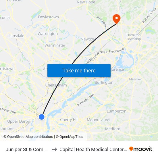 Juniper St & Commerce St to Capital Health Medical Center - Hopewell map