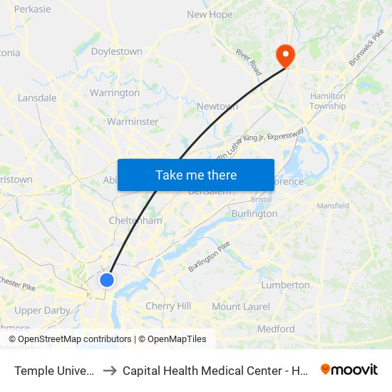 Temple University to Capital Health Medical Center - Hopewell map