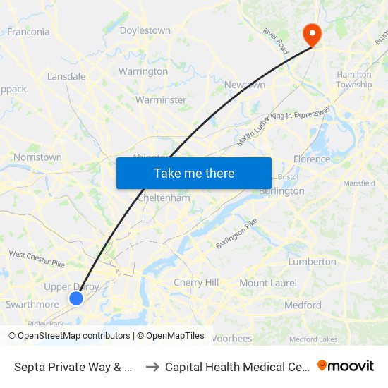 Septa Private Way & Macdade Blvd to Capital Health Medical Center - Hopewell map