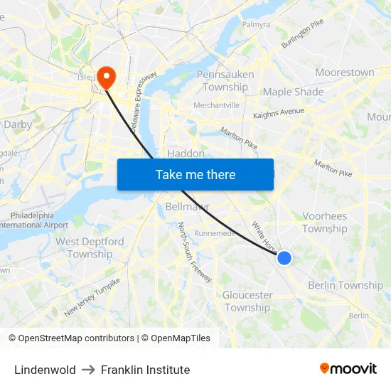 Lindenwold to Franklin Institute map