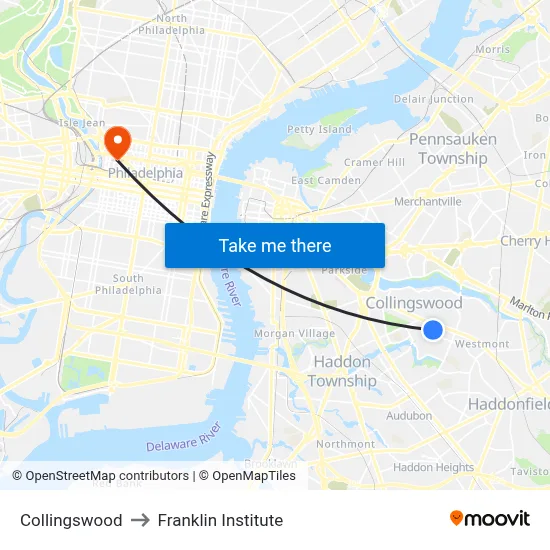 Collingswood to Franklin Institute map