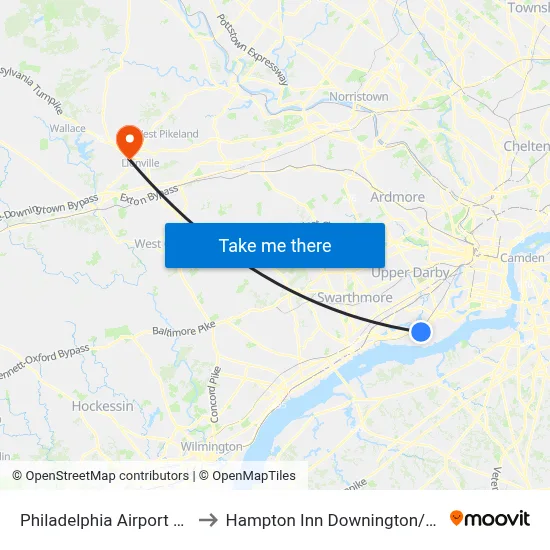 Philadelphia Airport Limo to Hampton Inn Downington/Exton map
