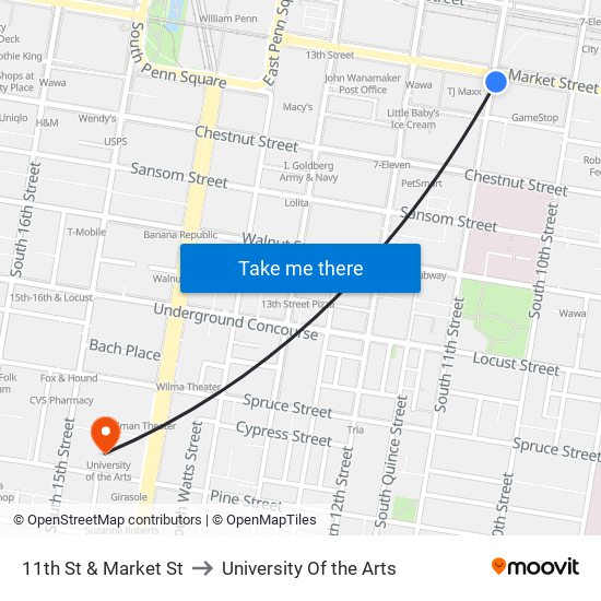 11th St & Market St to University Of the Arts map