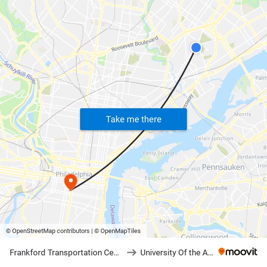 Frankford Transportation Center to University Of the Arts map