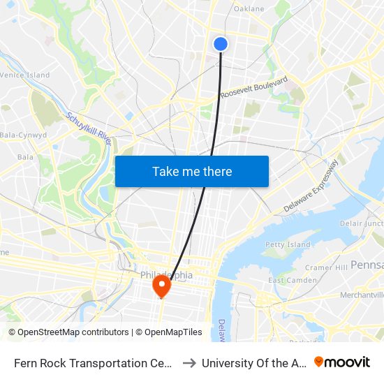 Fern Rock Transportation Center to University Of the Arts map