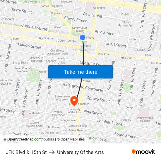 JFK Blvd & 15th St to University Of the Arts map