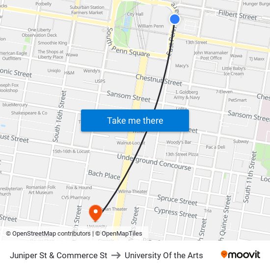 Juniper St & Commerce St to University Of the Arts map
