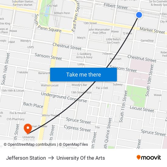 Jefferson Station to University Of the Arts map