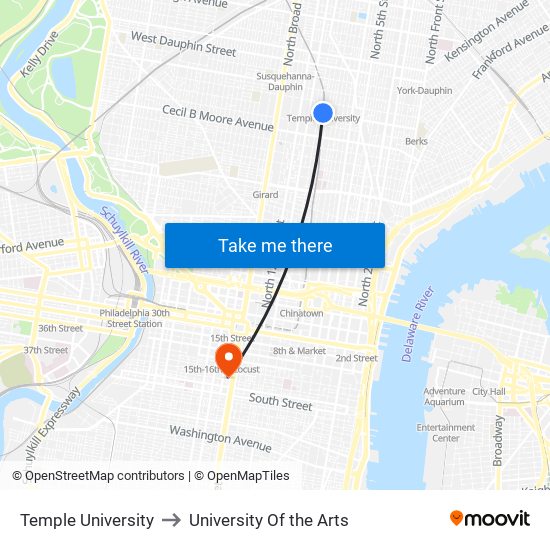 Temple University to University Of the Arts map