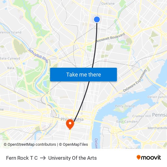 Fern Rock T C to University Of the Arts map