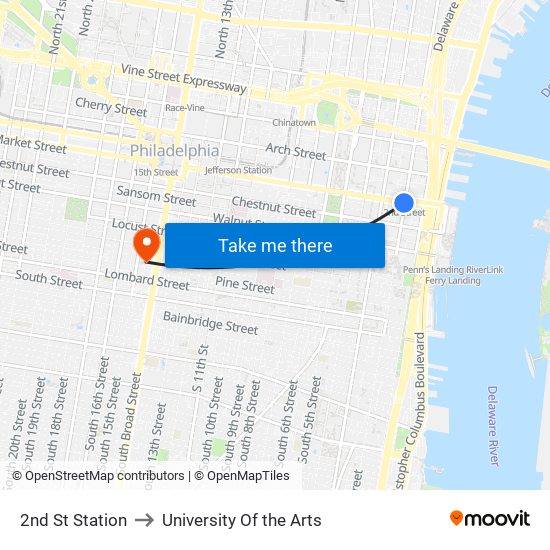 2nd St Station to University Of the Arts map