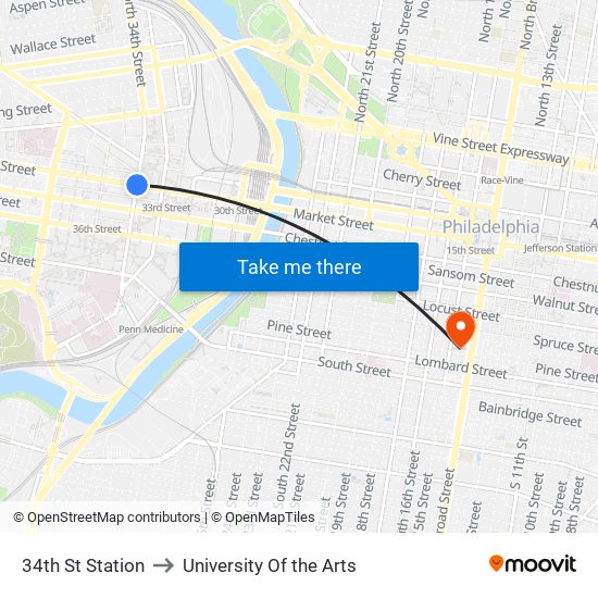 34th St Station to University Of the Arts map