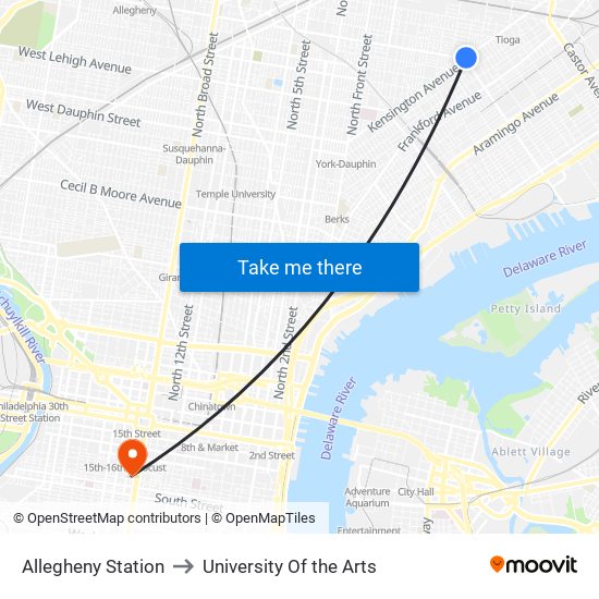 Allegheny Station to University Of the Arts map