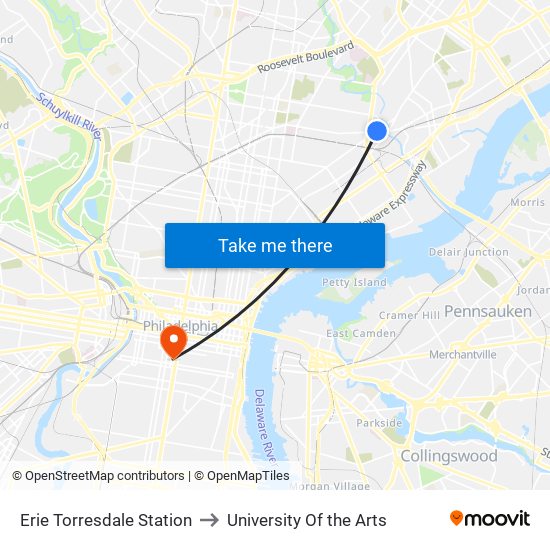 Erie Torresdale Station to University Of the Arts map