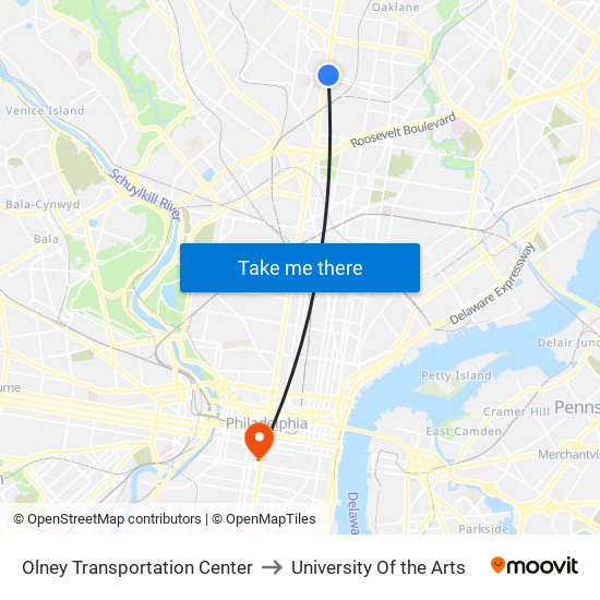 Olney Transportation Center to University Of the Arts map