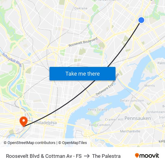 Roosevelt Blvd & Cottman Av - FS to The Palestra map