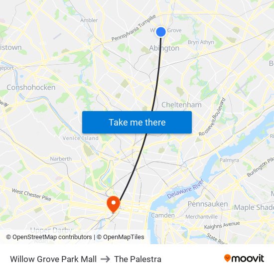 Willow Grove Park Mall to The Palestra map
