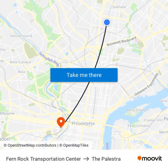 Fern Rock Transportation Center to The Palestra map