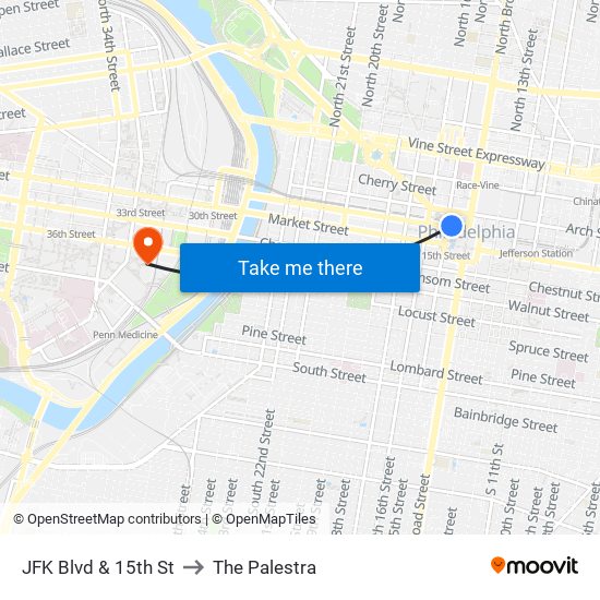 JFK Blvd & 15th St to The Palestra map