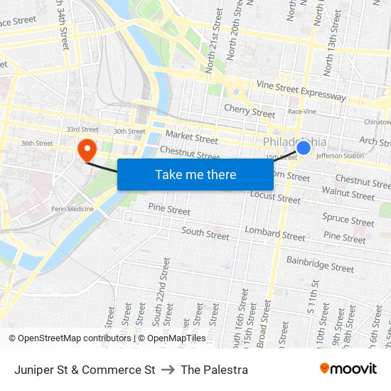 Juniper St & Commerce St to The Palestra map