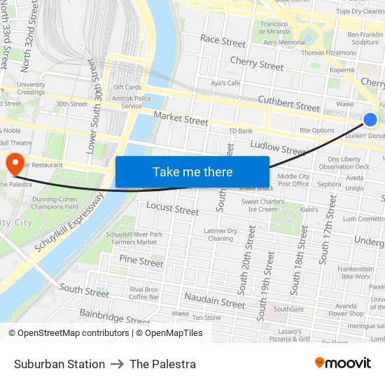 Suburban Station to The Palestra map