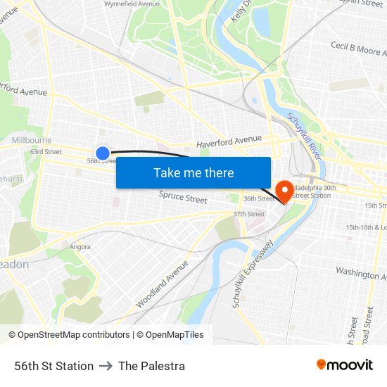 56th St Station to The Palestra map